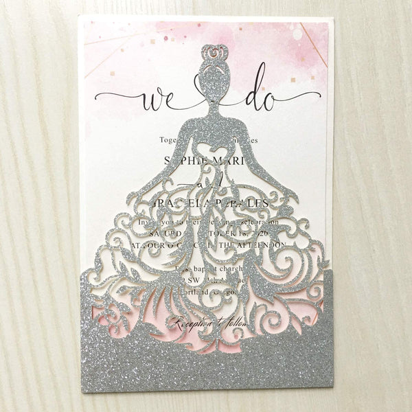 Silver Glitter Dress Laser Cut Invitation