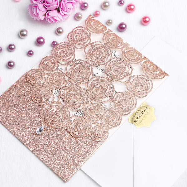 Rose Gold Glitter Floral Laser Cut Pocket Invitation