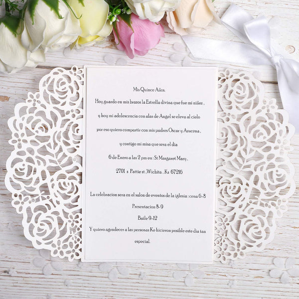 Rose Gold Glitter Floral Laser Cut Invitations – Invitations by Luis ...