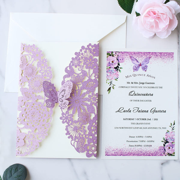 Light Purple Glitter Butterfly Laser Cut Invitation