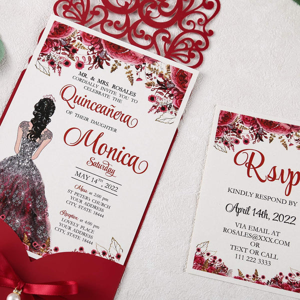 Red Pocket with Pearl Quinceanera Invitation – Invitations by Luis Sanchez