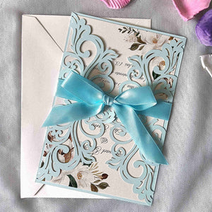 Light Blue Elegant Ribbon Laser Cut Invitations