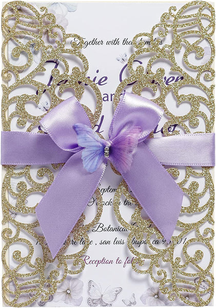 Gold Glitter and Light Purple Butterfly Ribbon Laser Cut Invitations