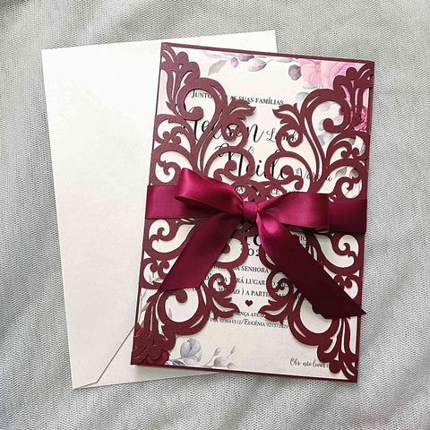 Burgundy Elegant Ribbon Laser Cut Invitations