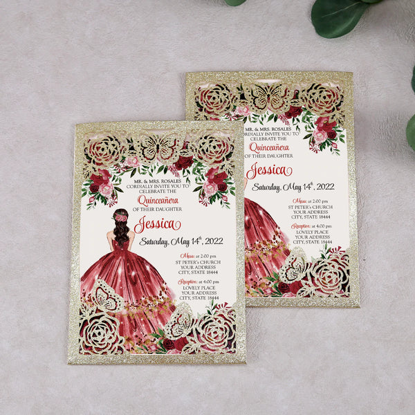 Gold Glitter Butterfly and Red Dress Quinceanera Laser Cut Invitations