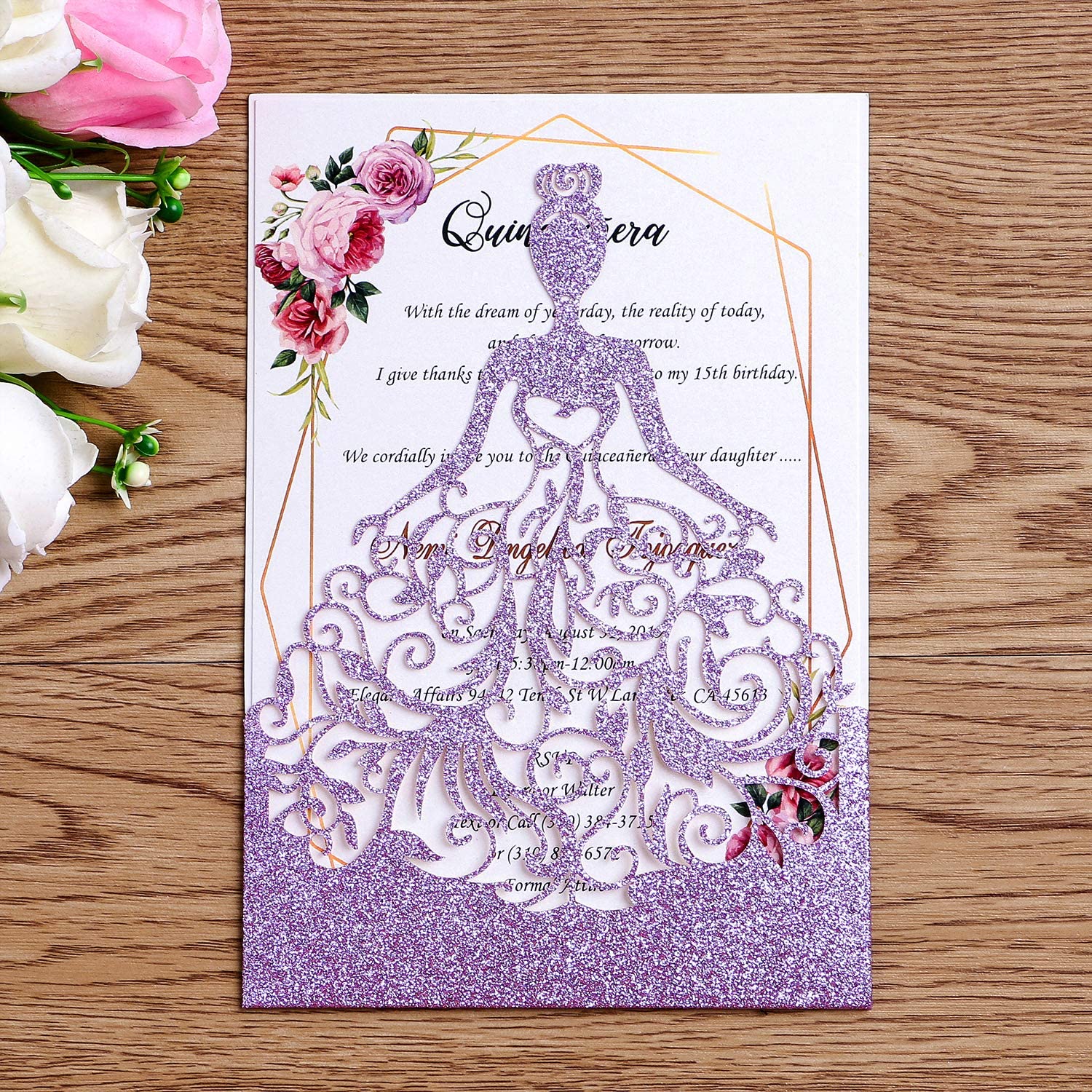 Light Purple Glitter Dress Quinceanera Laser Cut Invitation