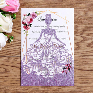 Light Purple Glitter Dress Quinceanera Laser Cut Invitation