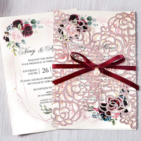Rose Gold Glitter Floral Laser Cut Pocket with Ribbon & Pearl