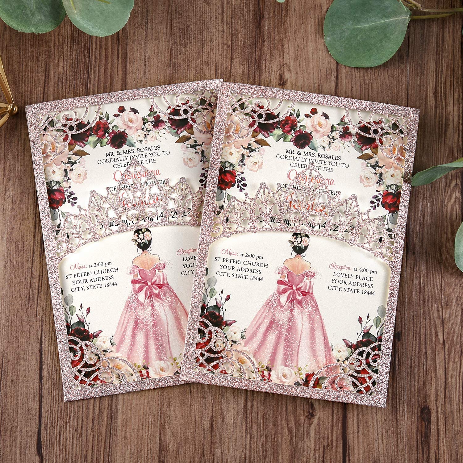 rose gold sparkle dress quinceanera invitation Mis Quince Aos Invitacin de Quinceaera Rosada Invitation