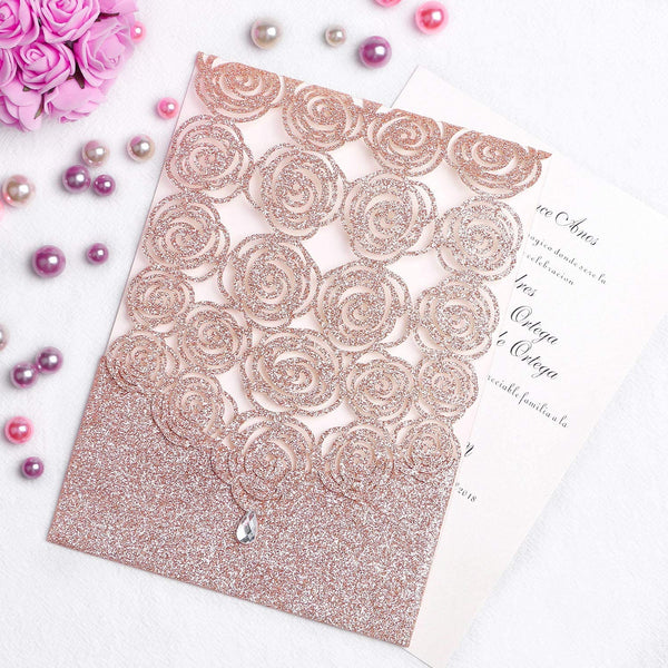 Rose Gold Glitter Floral Laser Cut Pocket Invitation
