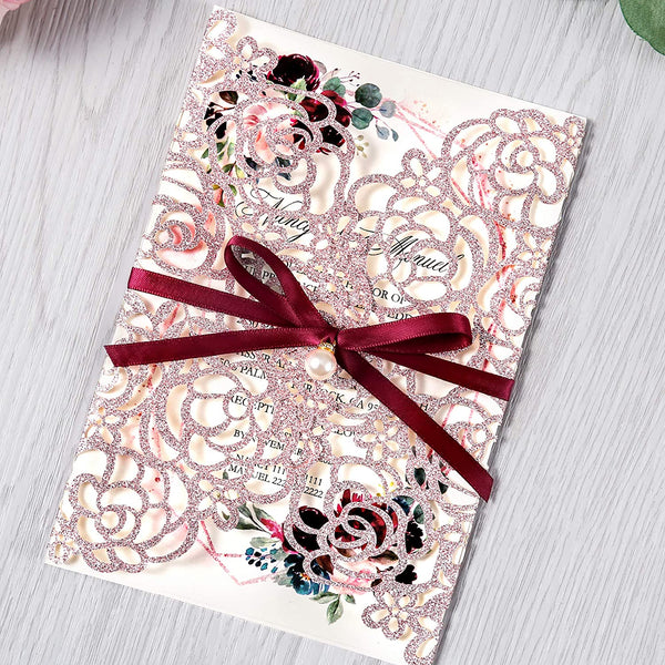 Rose Gold Glitter Floral Laser Cut Pocket with Ribbon & Pearl