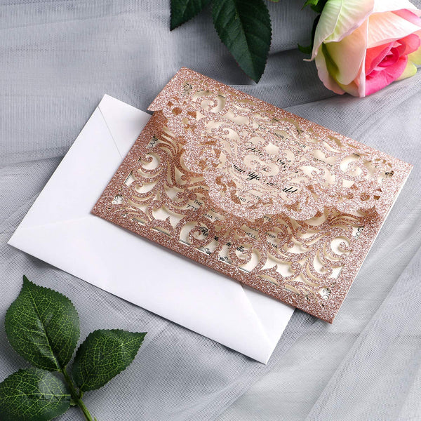 Rose Gold Glitter Envelope Laser Cut Invitation