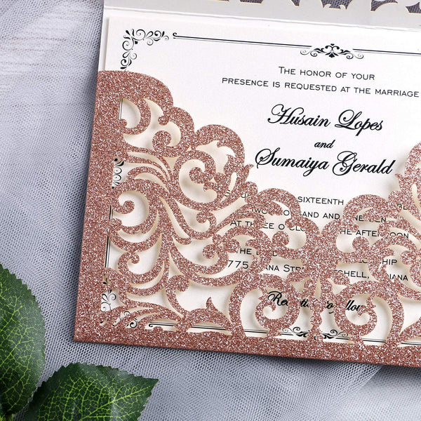 Rose Gold Glitter Envelope Laser Cut Invitation