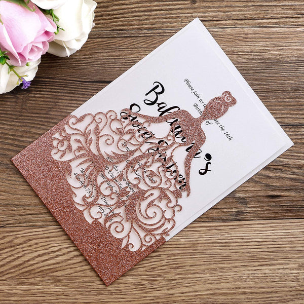rose gold sparkle dress quinceanera invitation Quinceanera Invitation Pink Rose Gold Shimmer Card Stock Wedding Reception Wedding Rehearsal Reception Party Invitations Sweet 15 16