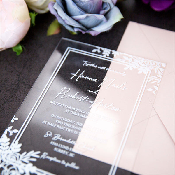 White Floral Frame Acrylic Invitations