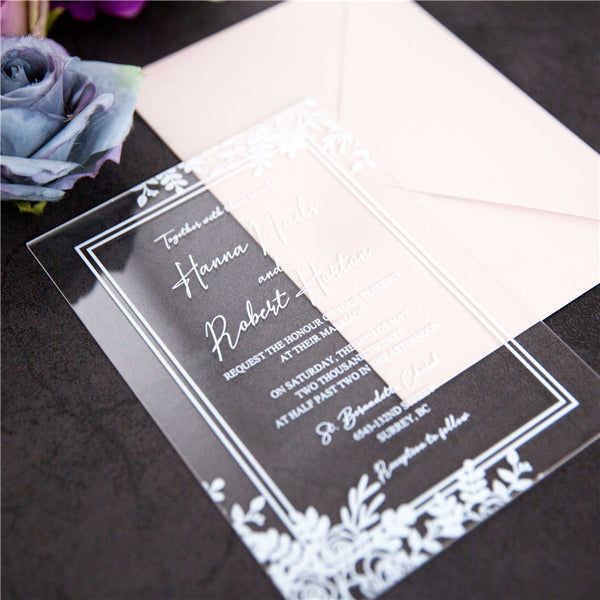 White Floral Frame Acrylic Invitations