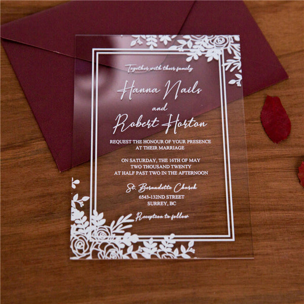 White Floral Frame Acrylic Invitations