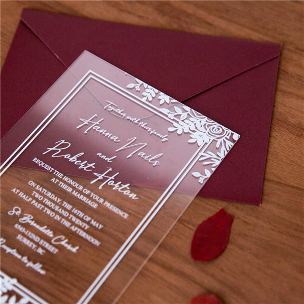 White Floral Frame Acrylic Invitations