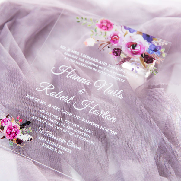 Pink and Purple Floral Acrylic Invitations