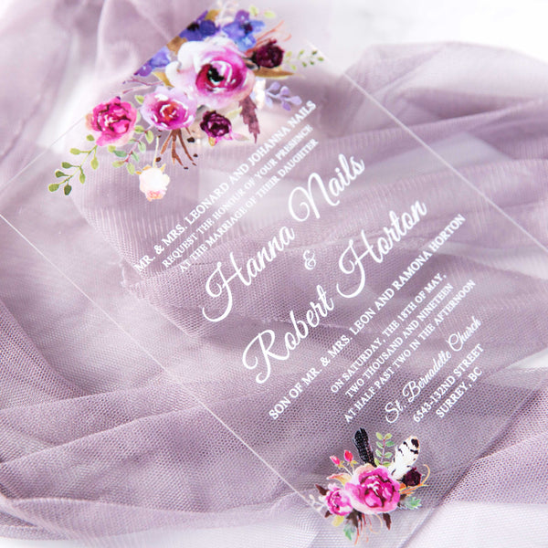 Pink and Purple Floral Acrylic Invitations