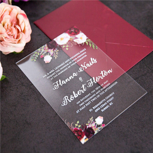 Burgundy Floral Wedding Acrylic Invitations