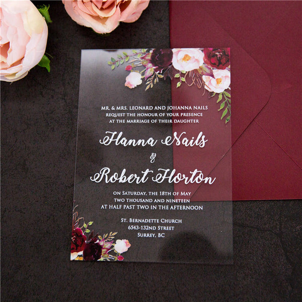 Burgundy Floral Wedding Acrylic Invitations