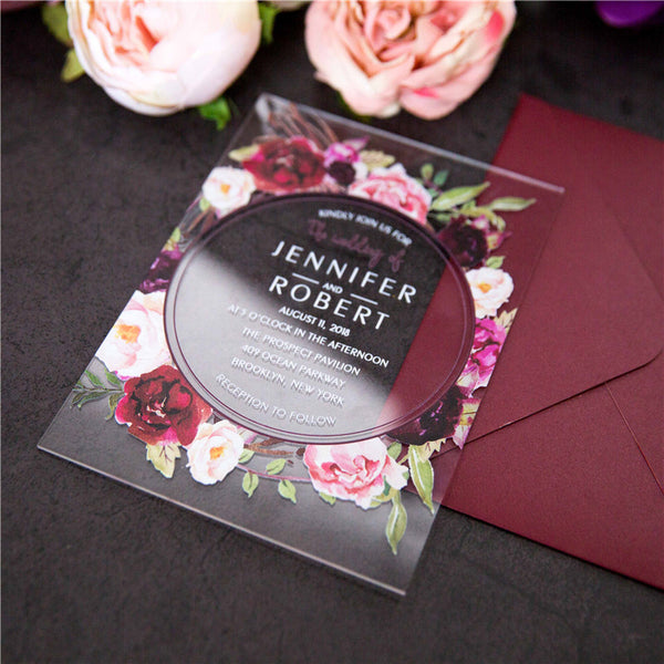 Burgundy and Blush Floral Acrylic Invitations
