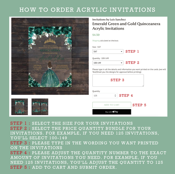 Emerald Green and Silver Quinceanera Dress Acrylic Invitations