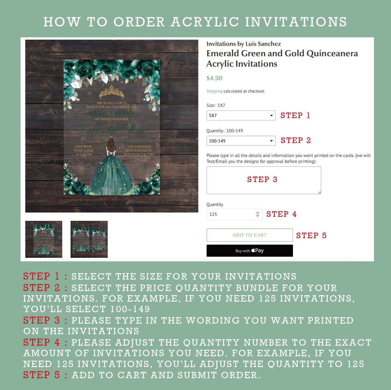 Emerald Green and Gold Quinceanera Acrylic Invitations
