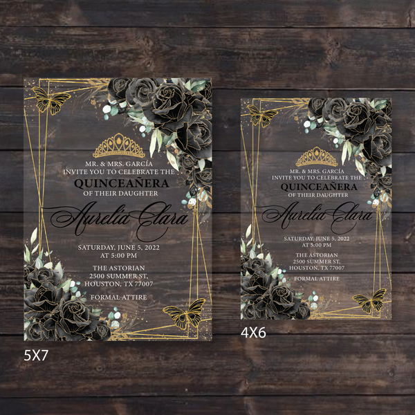 Black Floral Butterflies and Gold Geometric Acrylic Invitations