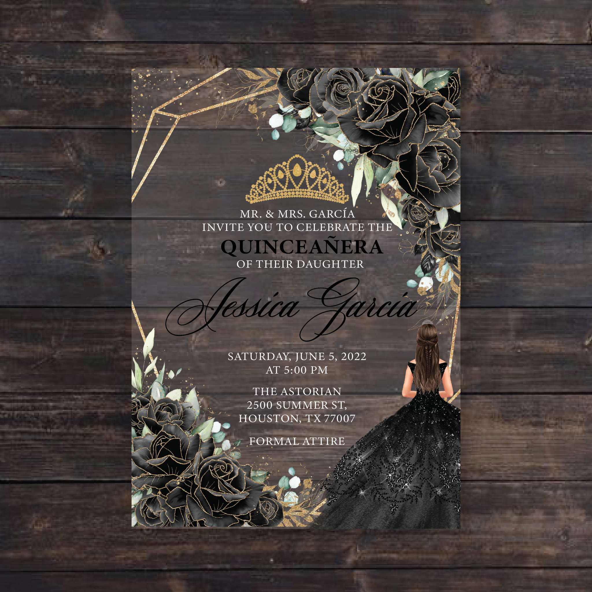 Black Floral and Gold Geometric Quinceanera Acrylic Invitations