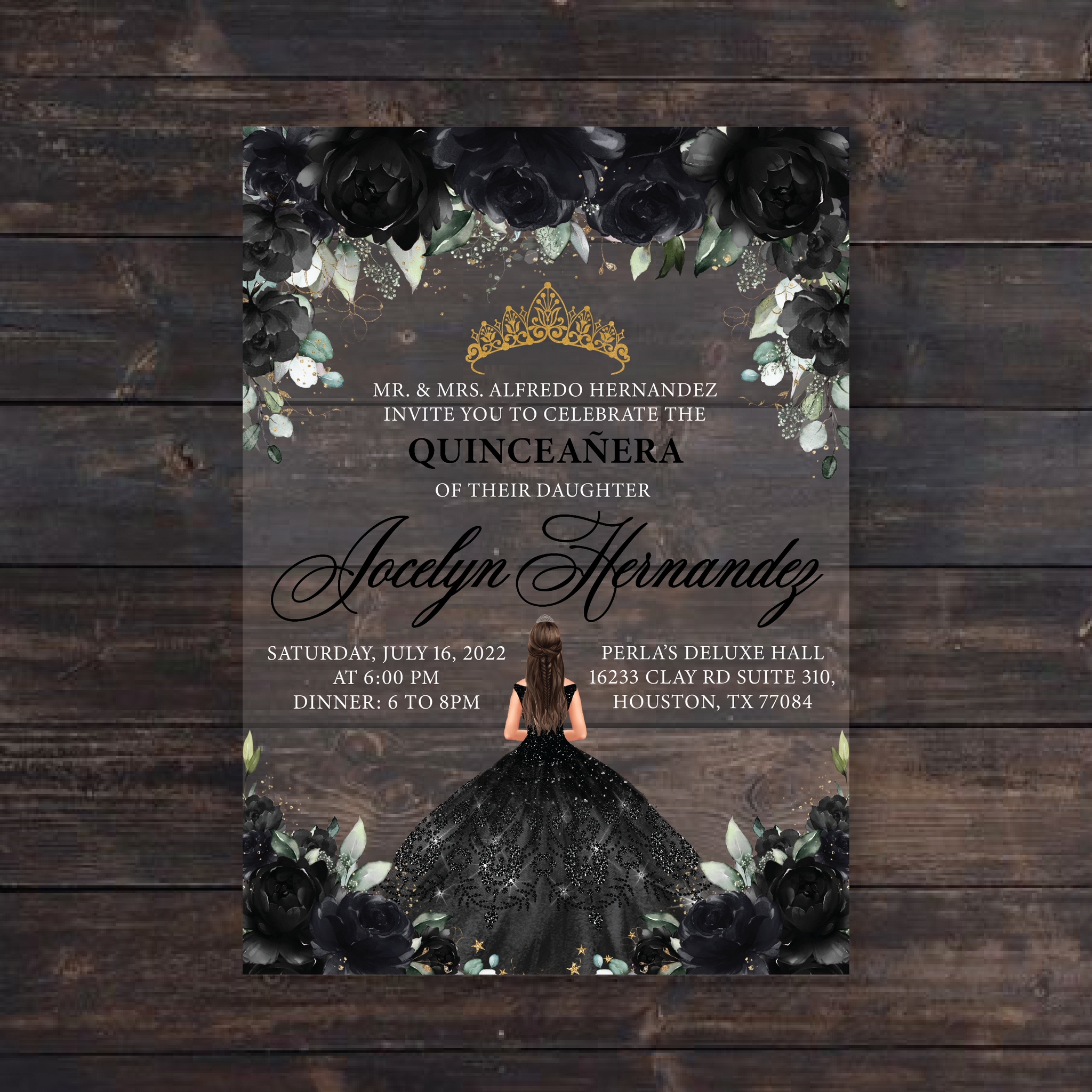 Black Floral and Gold Quinceanera Dress Acrylic Invitations – Invitations  by Luis Sanchez