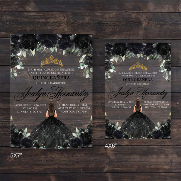 Black Floral and Gold Quinceanera Dress Acrylic Invitations
