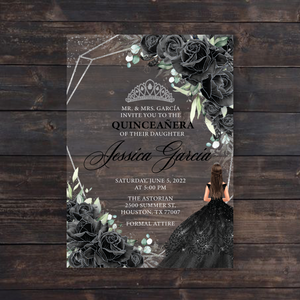 Black Floral and Silver Geometric Quinceanera Acrylic Invitations