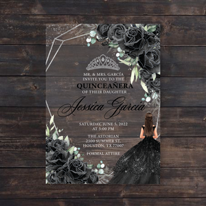 Black Floral and Silver Geometric Quinceanera Acrylic Invitations Invitations by Luis Sanchez Black Floral and Silver Geometric Quinceanera Acrylic Invitations Invitations by Luis Sanchez