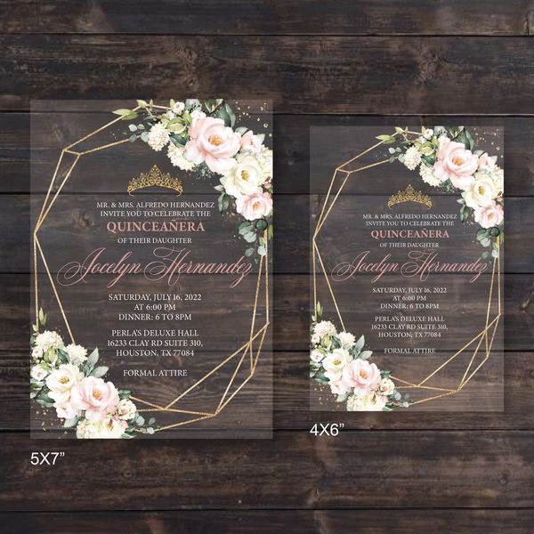 Blush Pink and Ivory Floral with Gold Acrylic Invitation