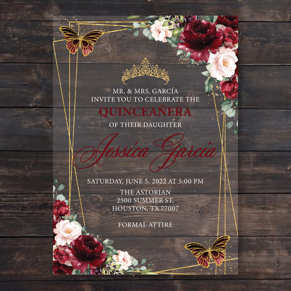 Burgundy Blush Floral Butterflies and Gold Geometric Acrylic Invitation