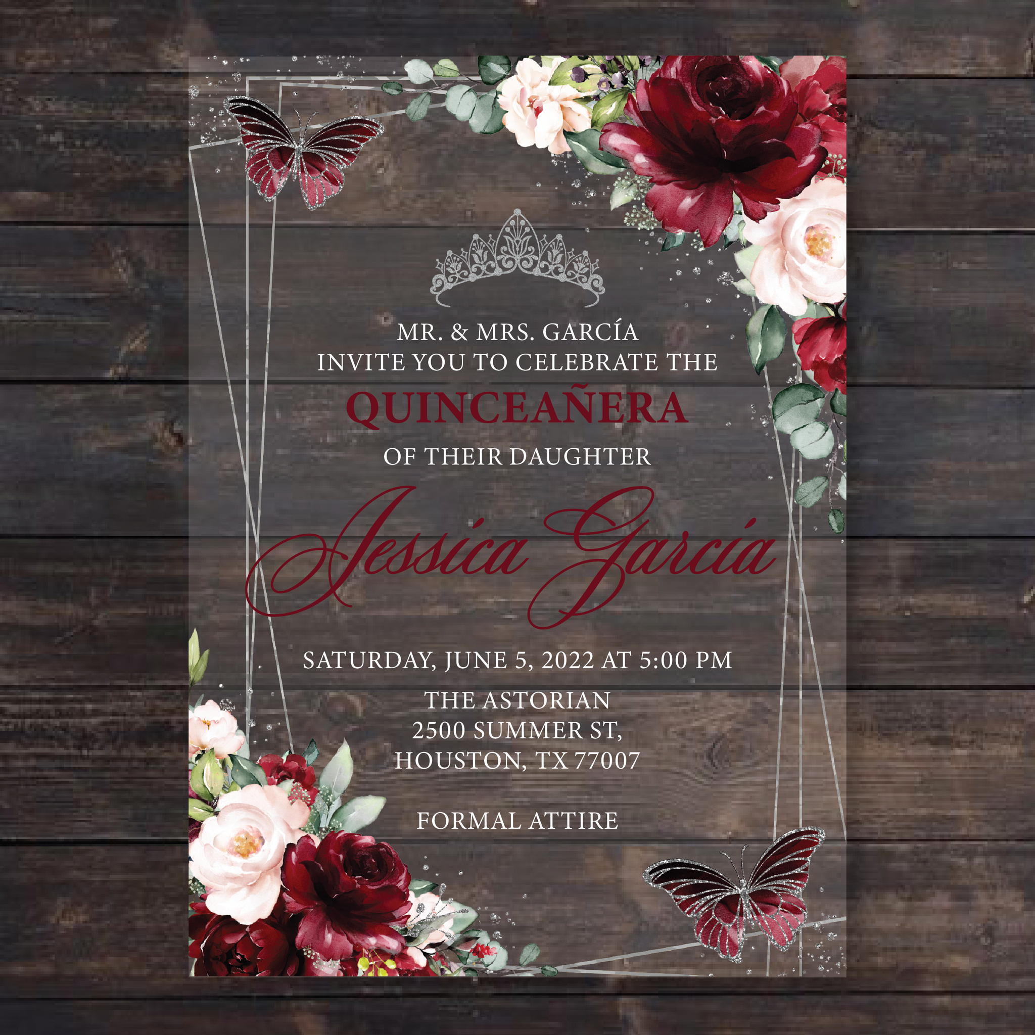 Burgundy Blush Floral Butterflies and Silver Geometric Acrylic Invitation
