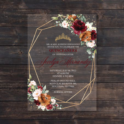 Burgundy Burnt Orange and Blush Pink Floral with Gold Acrylic Invitation