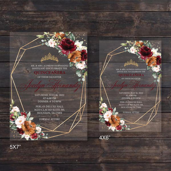 Burgundy Burnt Orange and Blush Pink Floral with Gold Acrylic Invitation