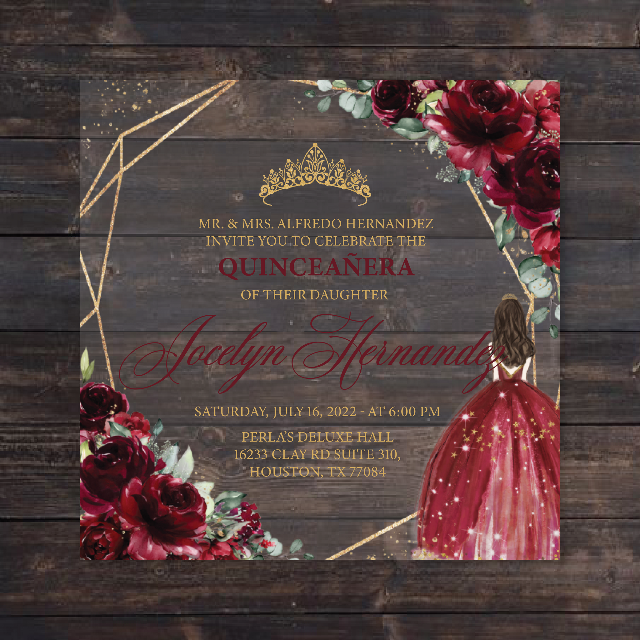 Burgundy Floral and Gold Square Acrylic Invitation