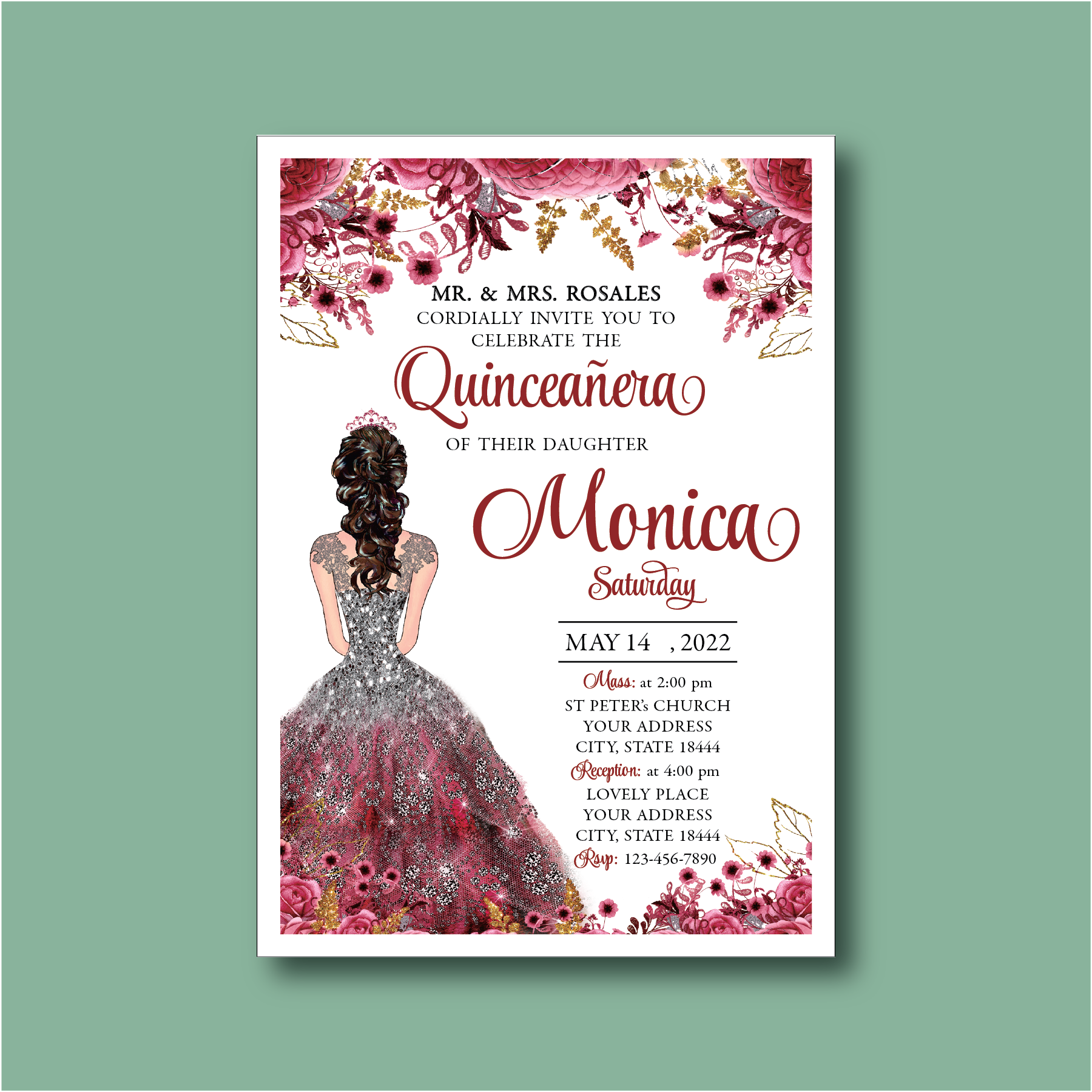 Burgundy Quinceanera Invitation Card