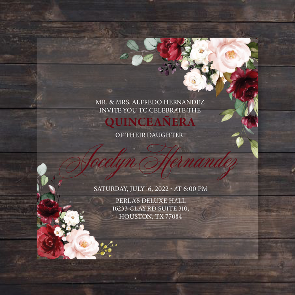 Burgundy and Blush Pink Floral Square Acrylic Invitation