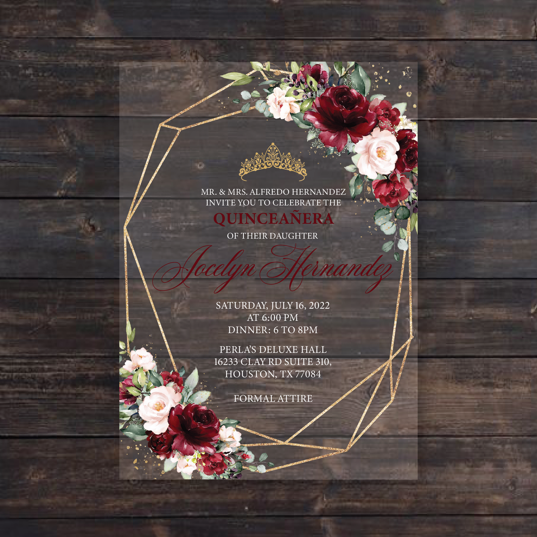 Burgundy and Blush Pink Floral with Gold Acrylic Invitation