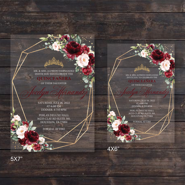 Burgundy and Blush Pink Floral with Gold Acrylic Invitation