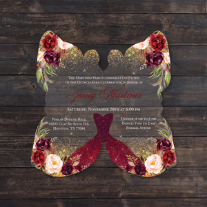 Burgundy and Gold Butterfly Shaped Acrylic Invitation