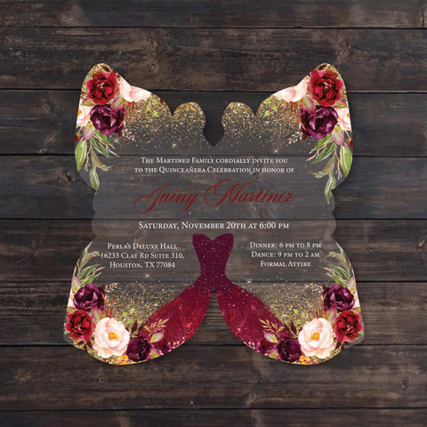 Burgundy and Gold Butterfly Shaped Acrylic Invitation