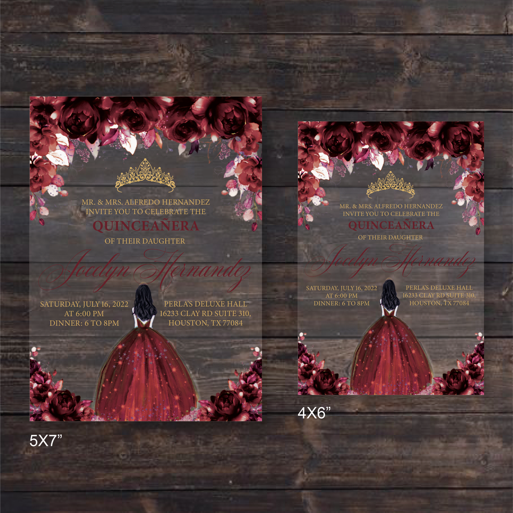Burgundy and Gold Quinceanera Dress Acrylic Invitations Invitations by Luis Sanchez Burgundy and Gold Quinceanera Dress Acrylic Invitations Invitations by Luis Sanchez