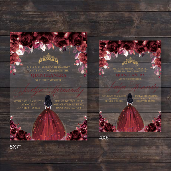 Burgundy and Gold Quinceanera Dress Acrylic Invitations