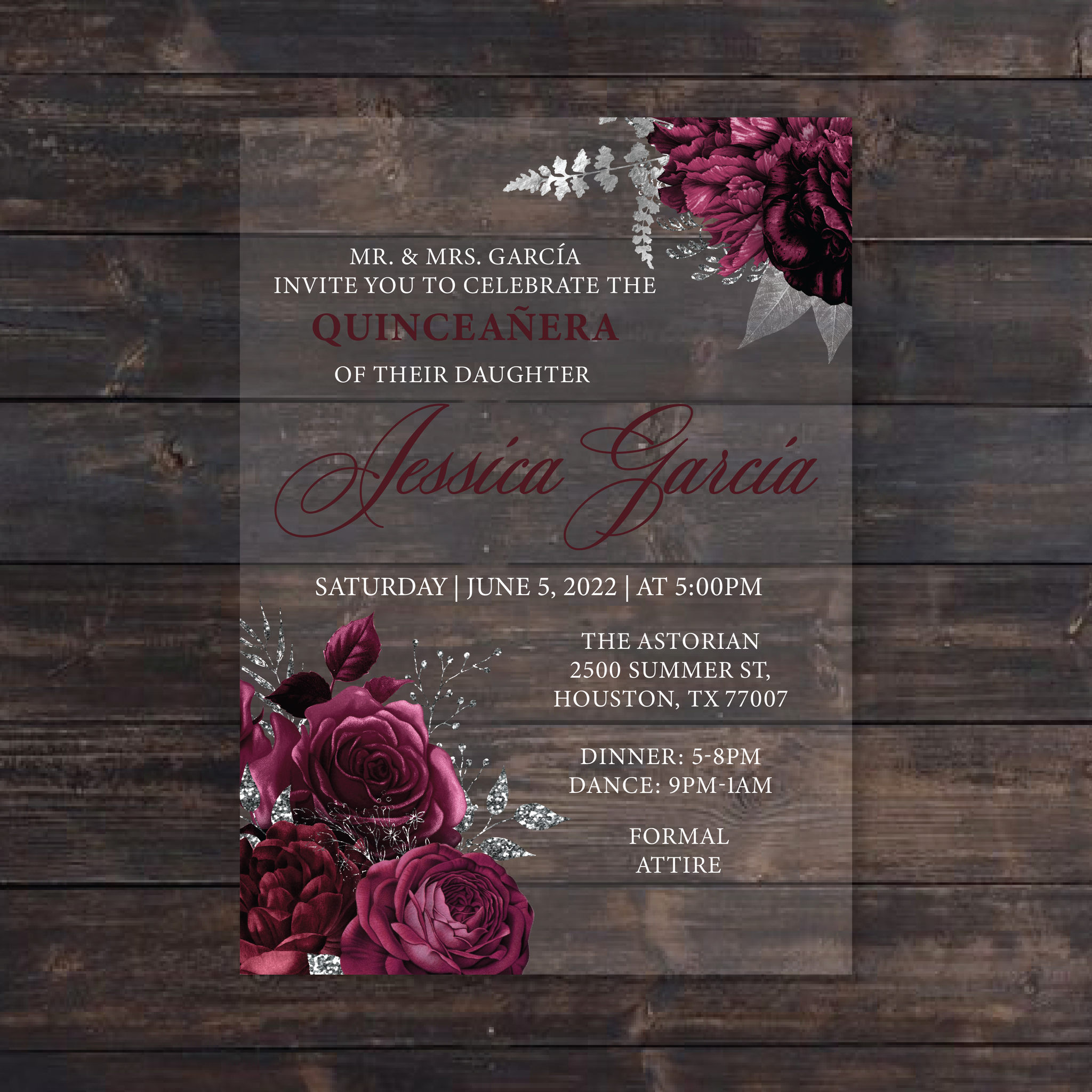Burgundy and Silver Floral Acrylic Invitation